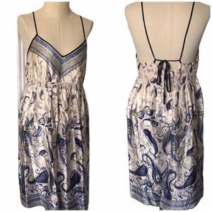 Mimi Maternity Empire Waist V-Neck Silk Tie Back Flowy Dress MIDI Blue Large EUC